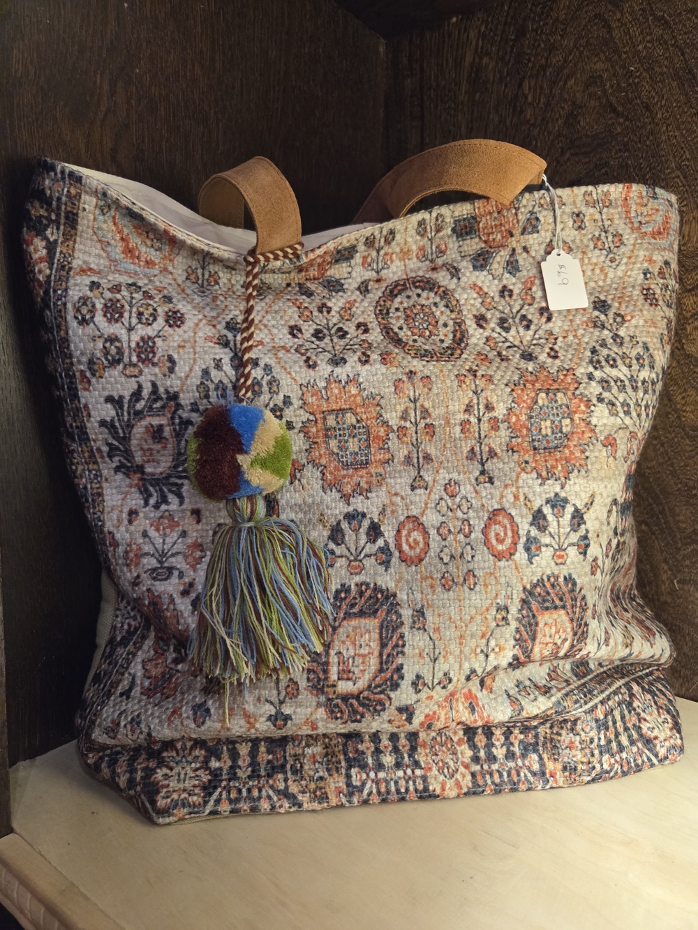 Tapestry Floral Tote Bag in Rust and Cream with Tan Handles